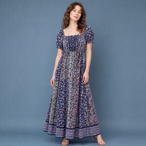 Lulus Neva Navy Floral Off Shoulder Maxi Dress M Wedding Guest Cottagecore Boho